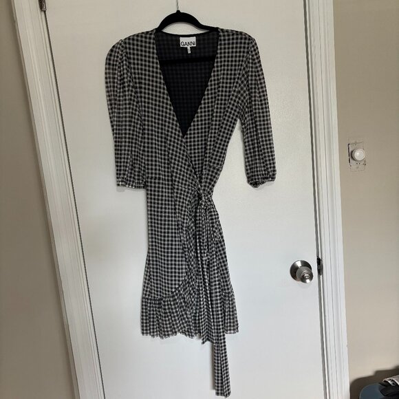 Ganni Black White Gingham Wrap Dress 36 V Neck Half Sleeve - Picture 2 of 7